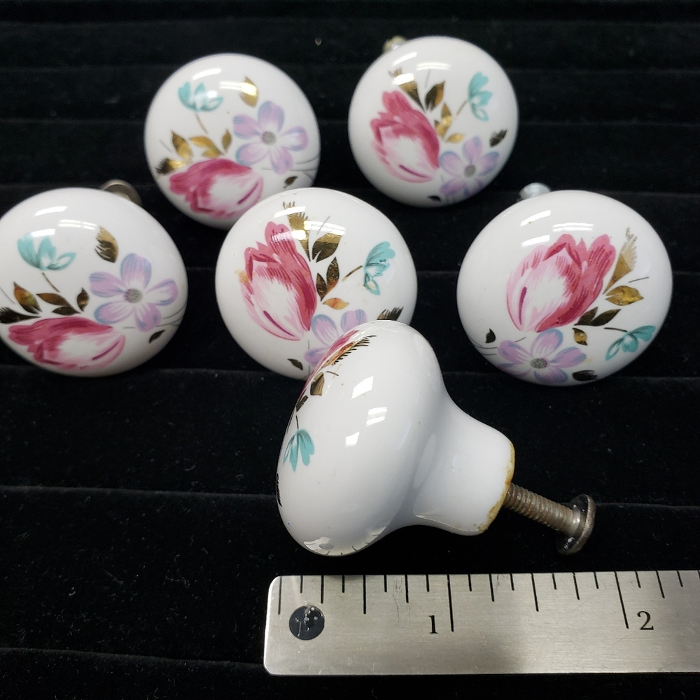 Lot 6 Vtg Porcelain Knob Round Floral Cabinet Drawer Pull Handle Cottage Shabby